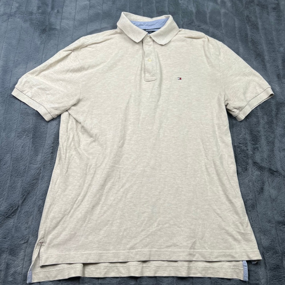 Tommy Hilfiger Mens Classic Fit Polo Shirt Beige Cotton Pique Short Sleeve Large